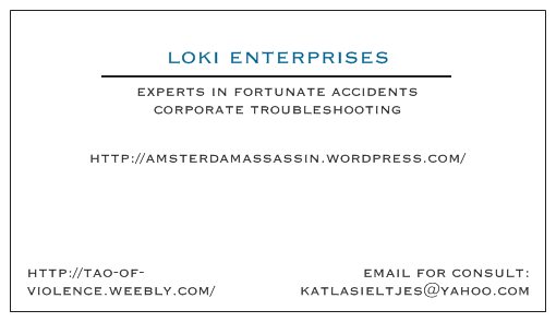 Katla's 'Loki Enterprises' business card, designed by Martyn V. Halm. Click on the card for more information.